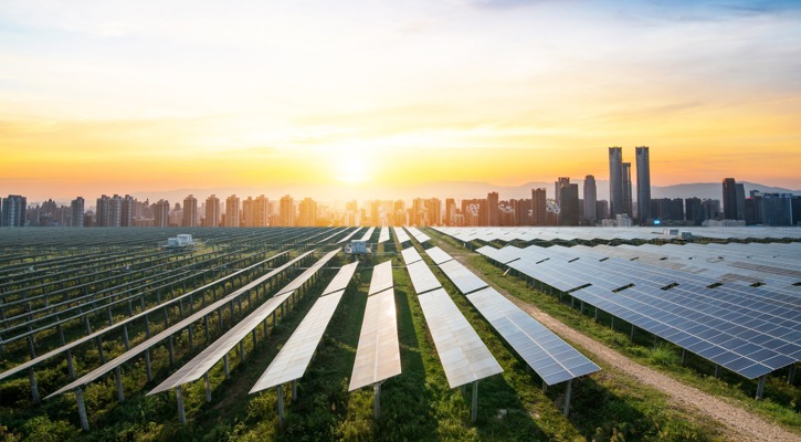 panoramic city view showing clean energy solar panel array for sustainability
